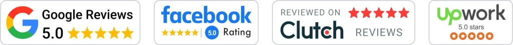 Trust badges: Google, Facebook, Clutch, Upwork ratings